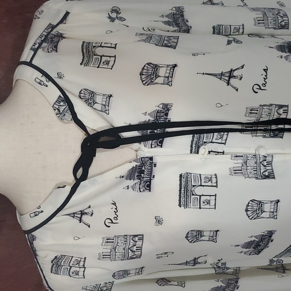 Talbots Paris Print Tie Bow Chiffon Blouse White Black - Picture 2 of 7